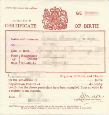 Geburtsurkunde aus England (short form certificate of birth)