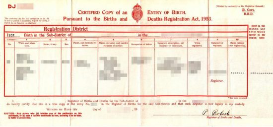 Britische Geburtsurkunde in der langen Fassung (long form) von 1953